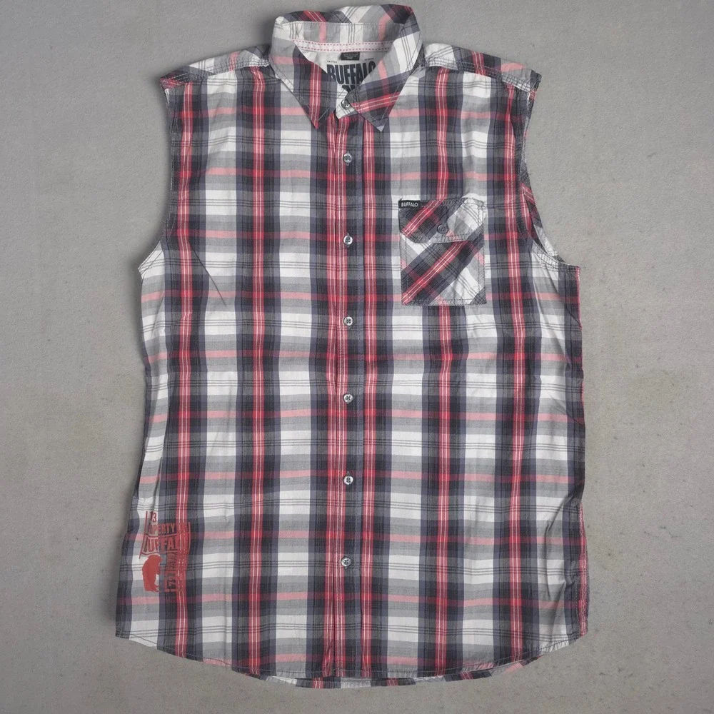 Buffalo David Bitton Mens Plaid Sleeveless Shirt Casual Button Down Medium